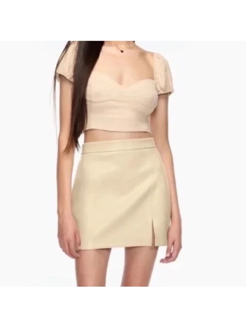 Wilfred Cream faux Leather Mini Skirt with Front Slit, classy, edgy and girly